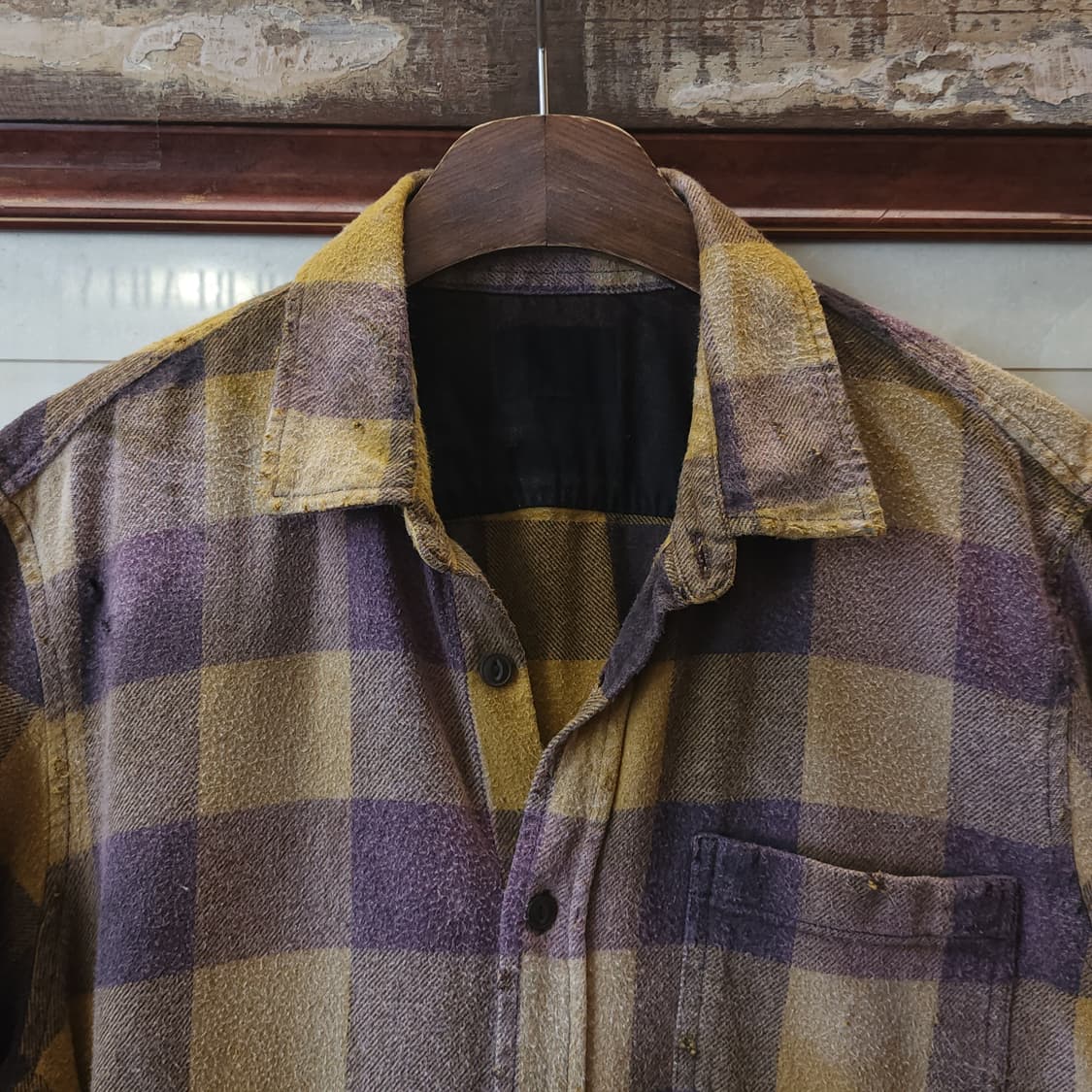 90s 빈티지 체크셔츠 헤비 플란넬 워크셔츠 썬페이딩 퍼플 옐로우 L 상품이미지4