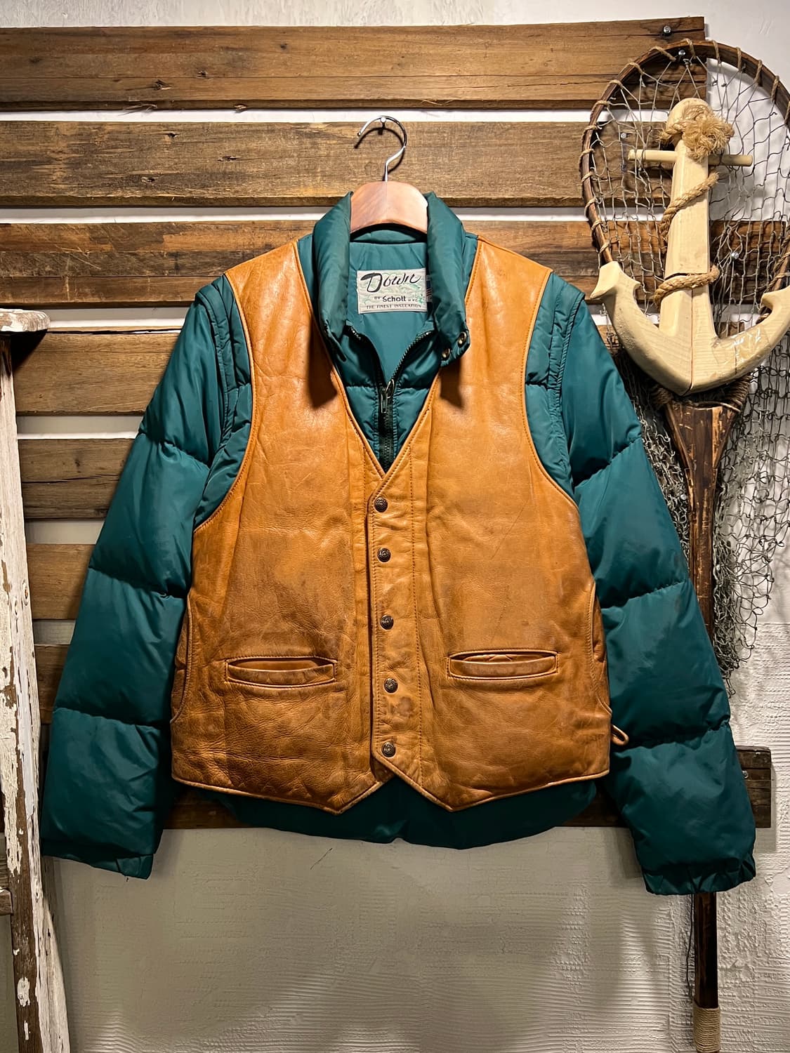 [M]90's 쇼트 USA Made 레더 베스트 분리형 그린 다운 패딩 상품이미지1