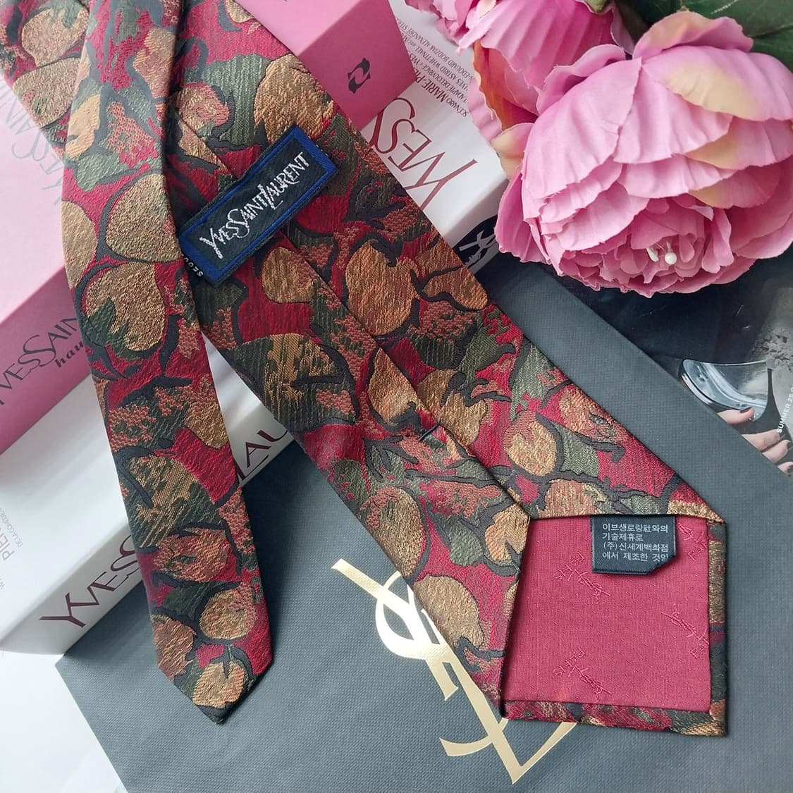 입생로랑 브라운 & 레드 자카드 패턴 넥타이 9cm A+등급 K2624 상품이미지5