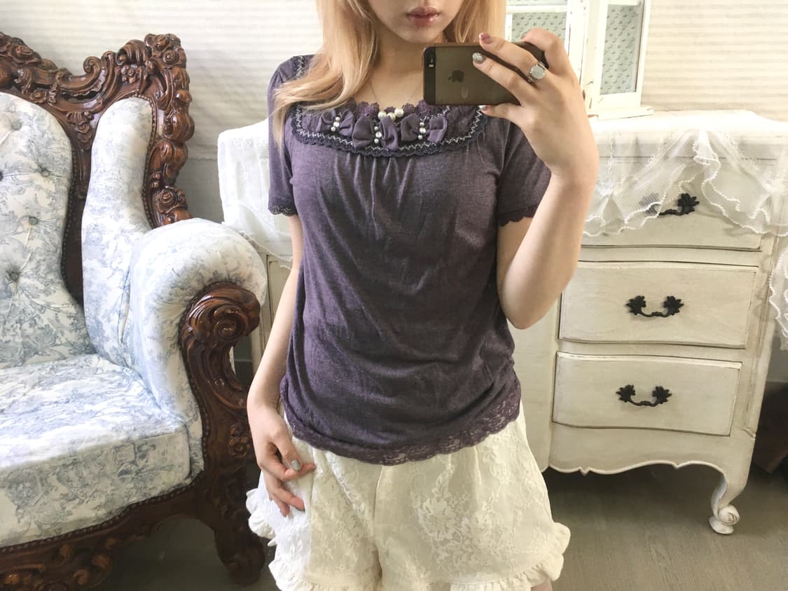 일본빈티지 퍼플 로걀 리본 반팔 상품이미지1