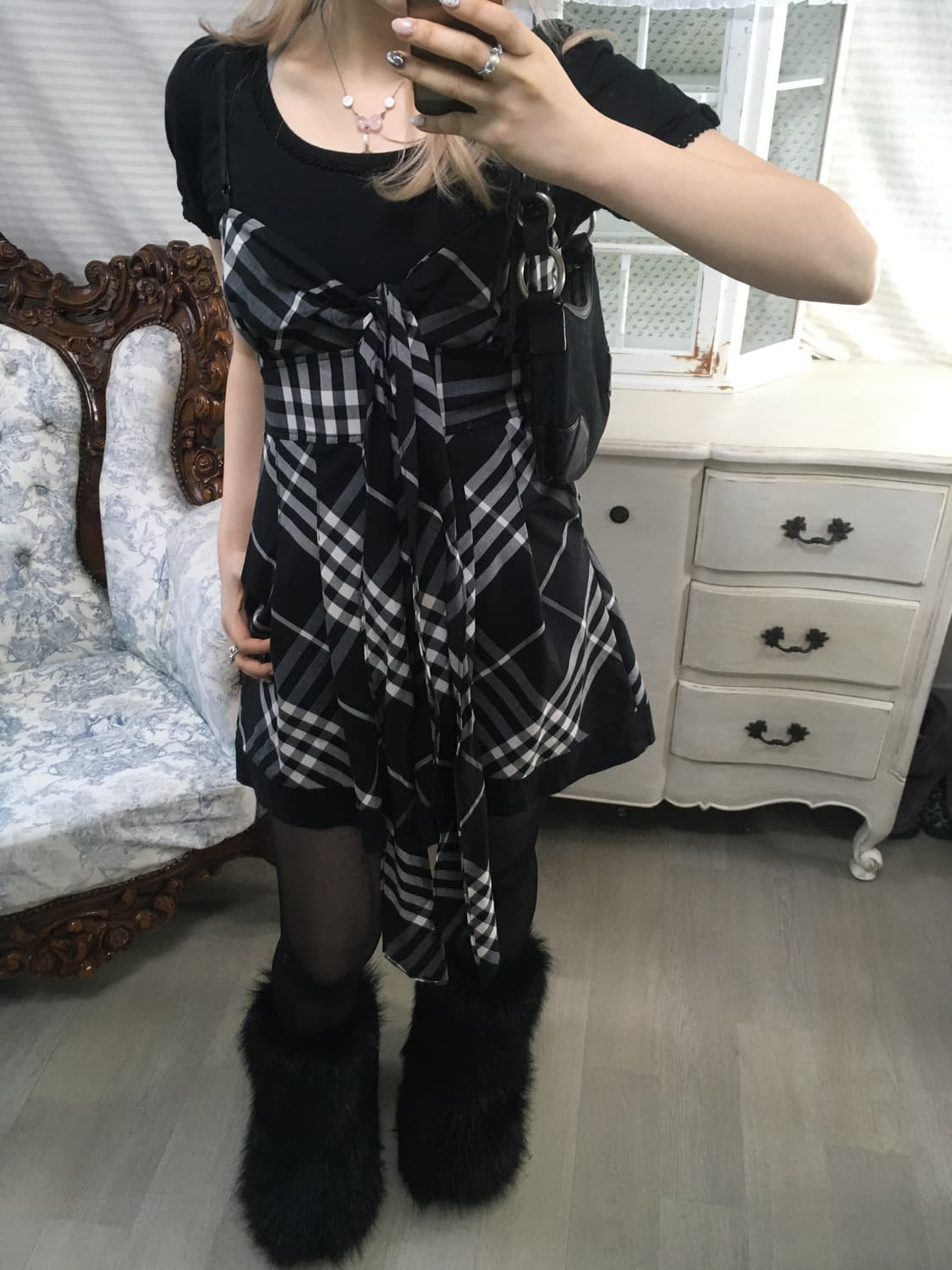 빈티지 로걀 리본 체크 점프수트 상품이미지3