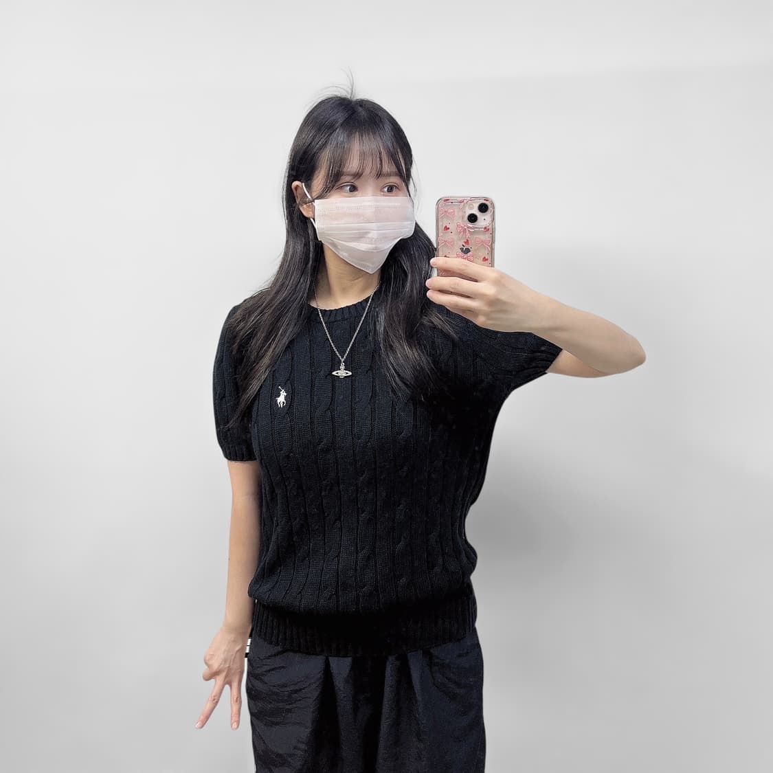 폴로 랄프로렌 포니 로고 반팔 케이블 니트 블랙 상품이미지1