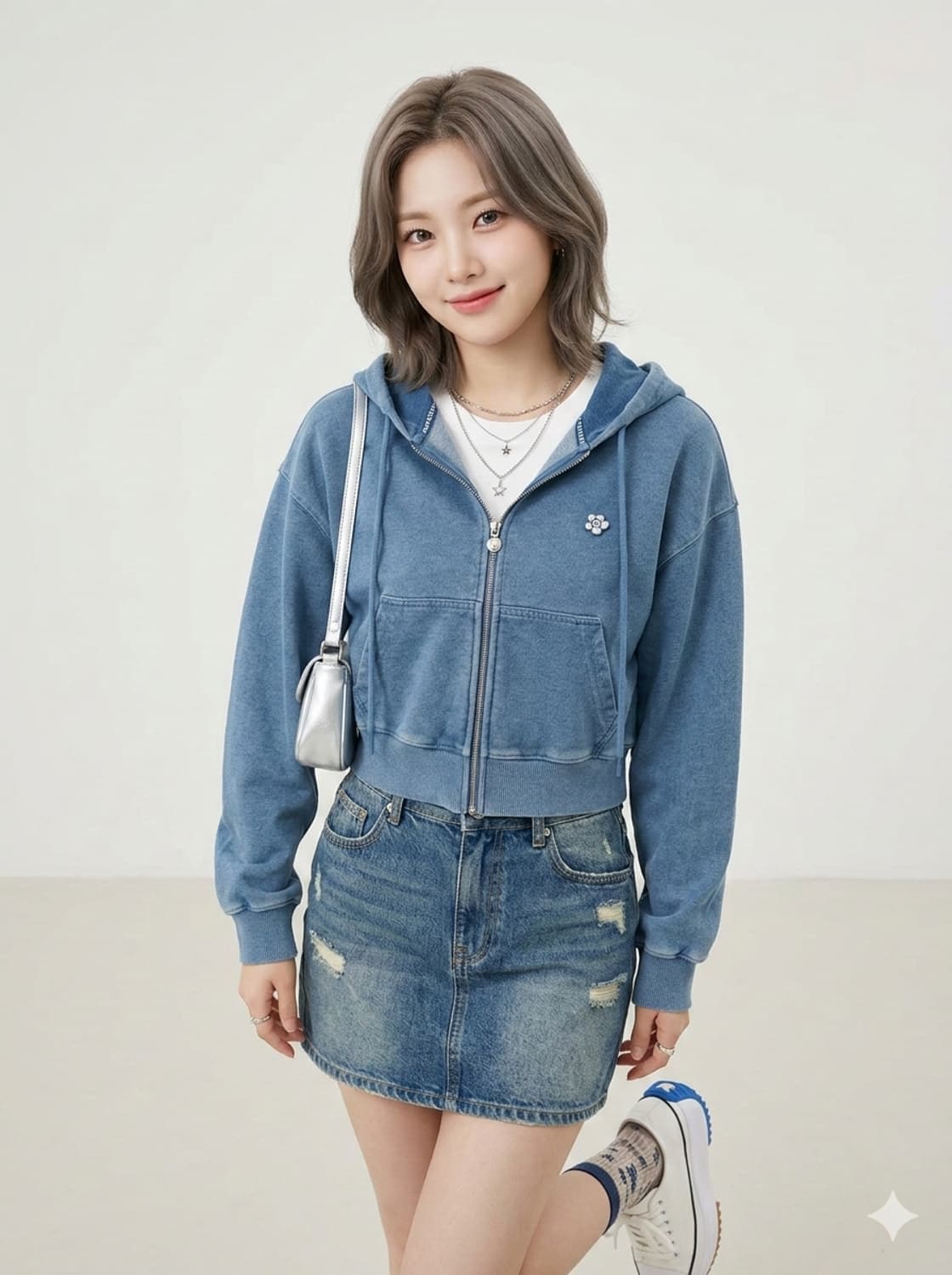 WACKY WILLY 와키윌리 우먼스 워싱 크롭 후드 집업 블루 상품이미지1