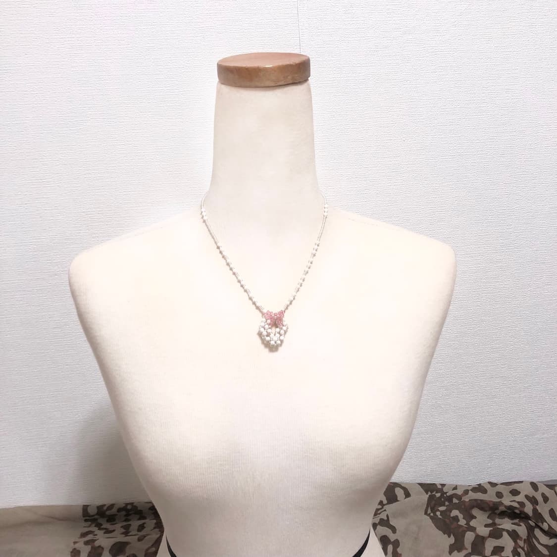 빈티지 핸드메이드 화이트 핑크 리본 비즈 목걸이 페어리 모리걸 하구미 상품이미지1