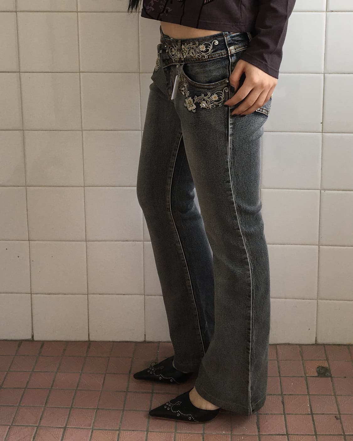 Flower needle work point denim pants 상품이미지7