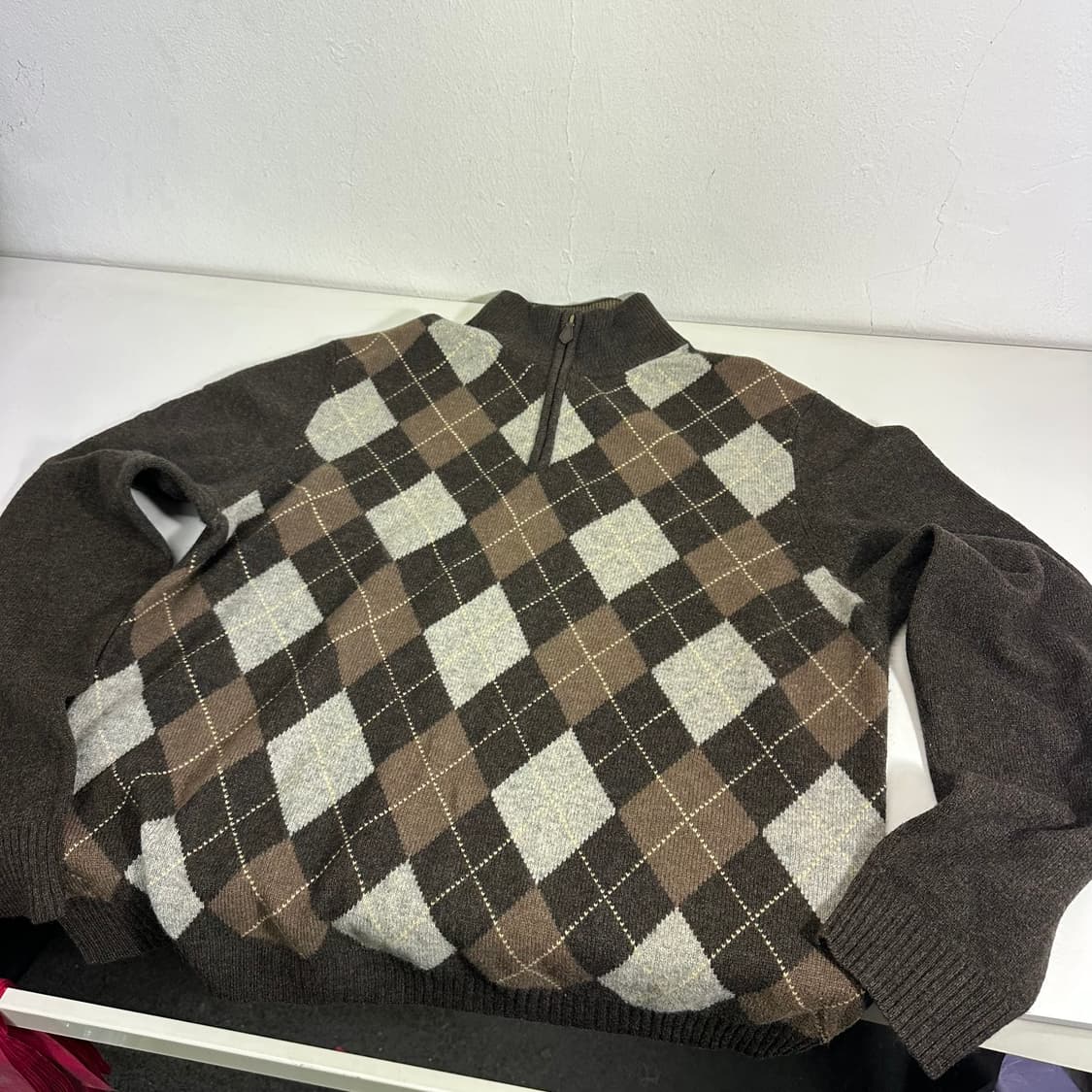 M 100 브룩스브라더스 브라운 램스울 아가일 반집업니트 상품이미지3