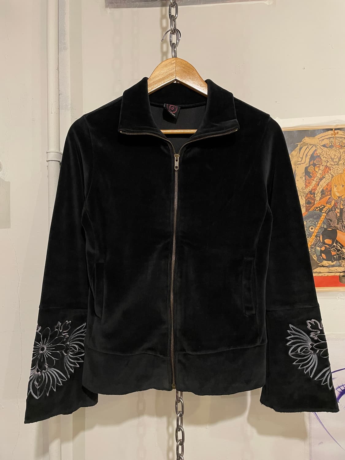 벨벳 플라워 자수 플레어 소매 블랙 집업 오리엔탈 상품이미지1