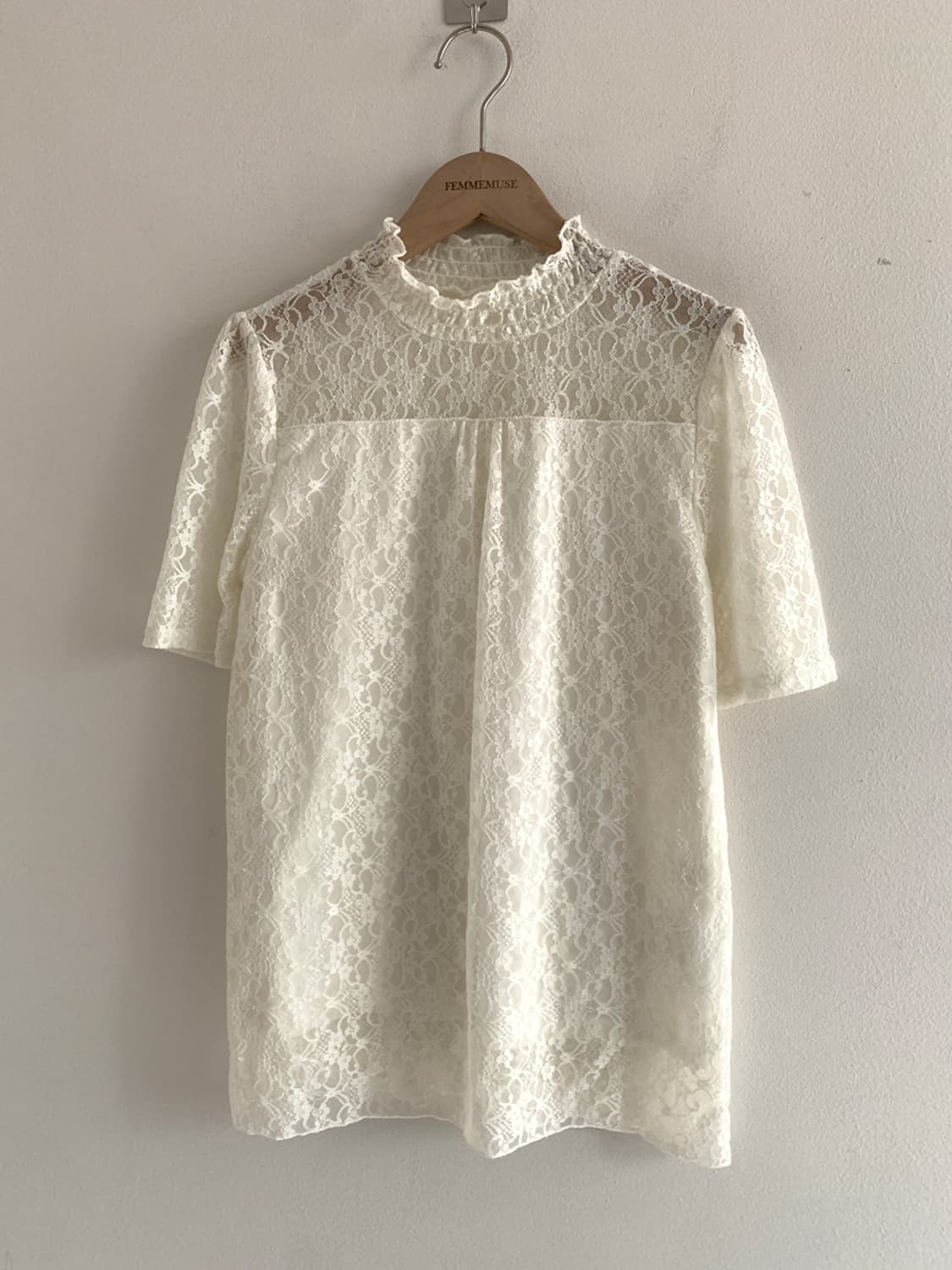 Lace Neck Short Sleeve Blouse T 상품이미지2