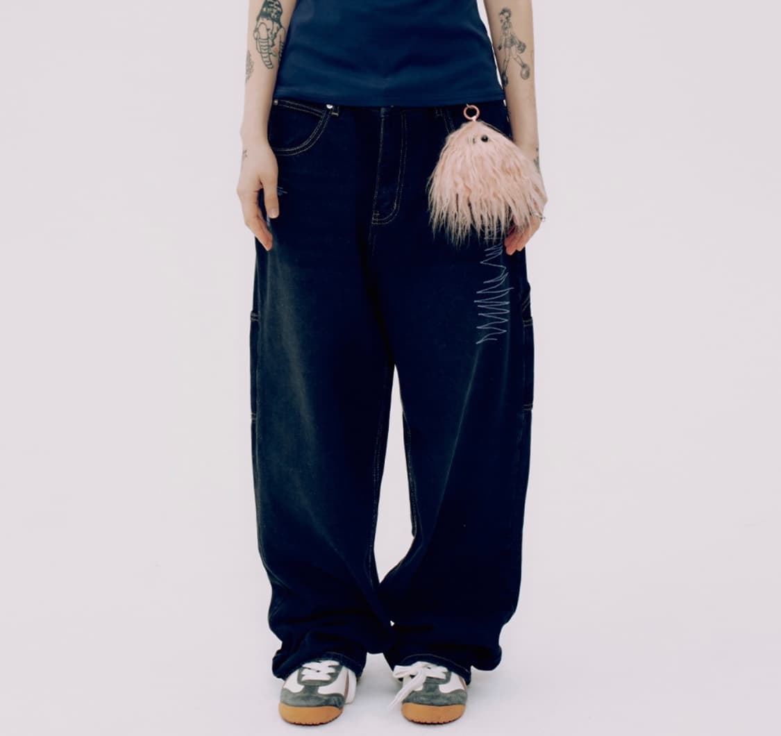 스티치 포인트 벌룬 데님 워싱 팬츠 (흑청) 상품이미지2