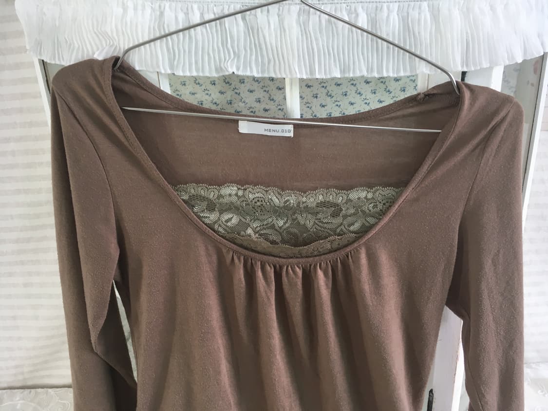 빈티지 브라운 레이스 셔링 티셔츠 상품이미지5