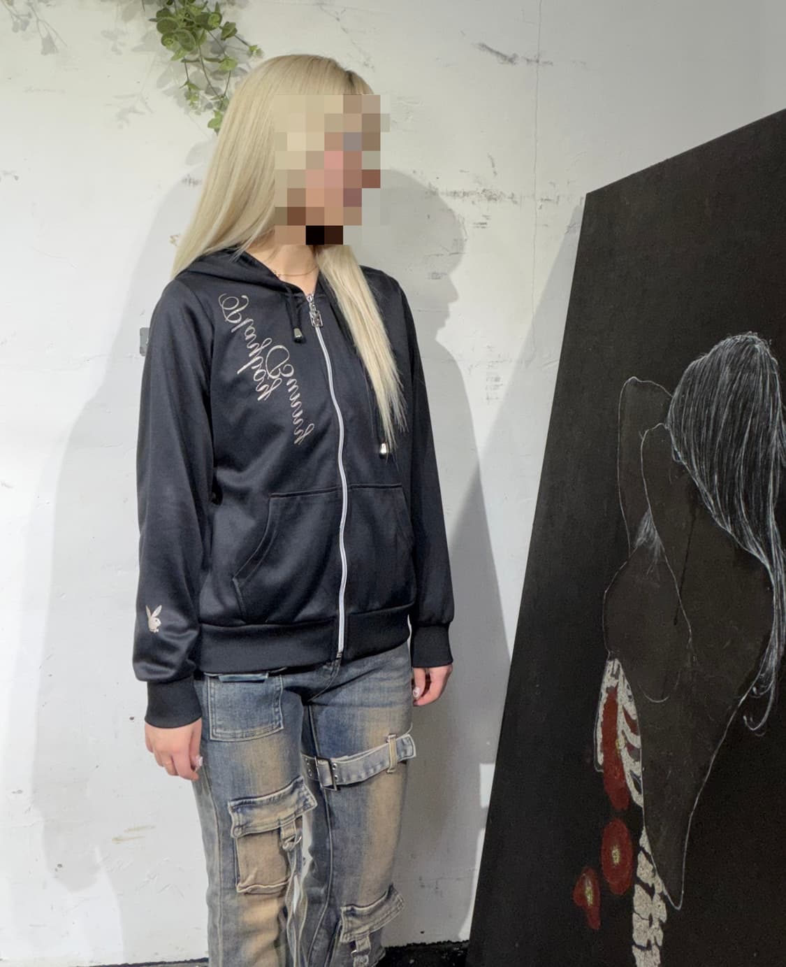 플레이보이 바니 프린팅 레터링 블랙 후드 집업 갸루 져지 L 상품이미지5