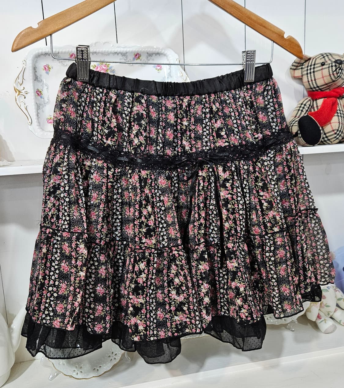 플라워 패턴 미니 스커트 블랙 캉캉 치마 상품이미지2