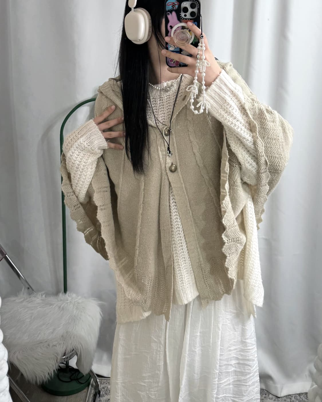 베이지 케이프 후드 니트 가디건 상품이미지5