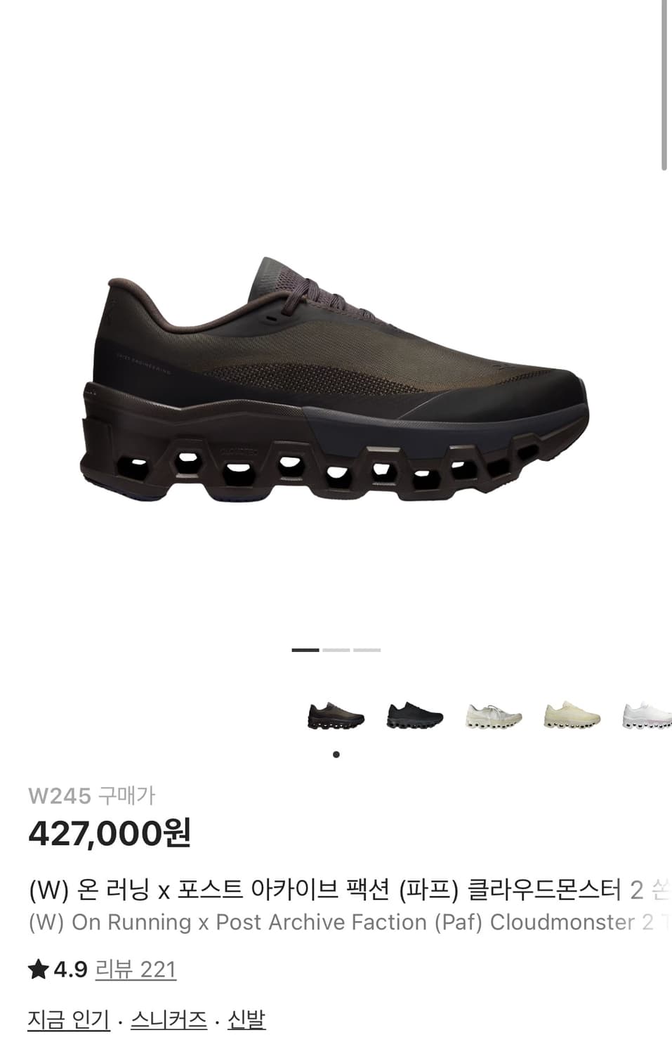 (W) 온 러닝 x 포스트 아카이브 팩션 (파프) 클라우드몬스터 2 쏜  상품이미지1