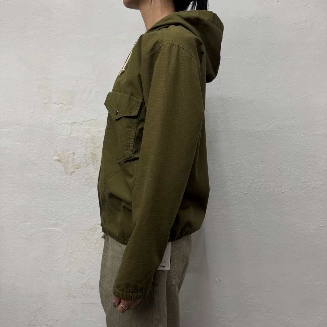 빔즈(BEAMS) 다크 카키컬러 립스탑 코튼 집업 후드 자켓 상품이미지2