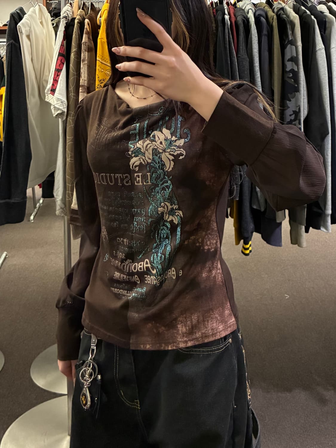 M)Japanese vintage y2k 프린팅 브라운 오프숄더 롱슬리브 상품이미지1