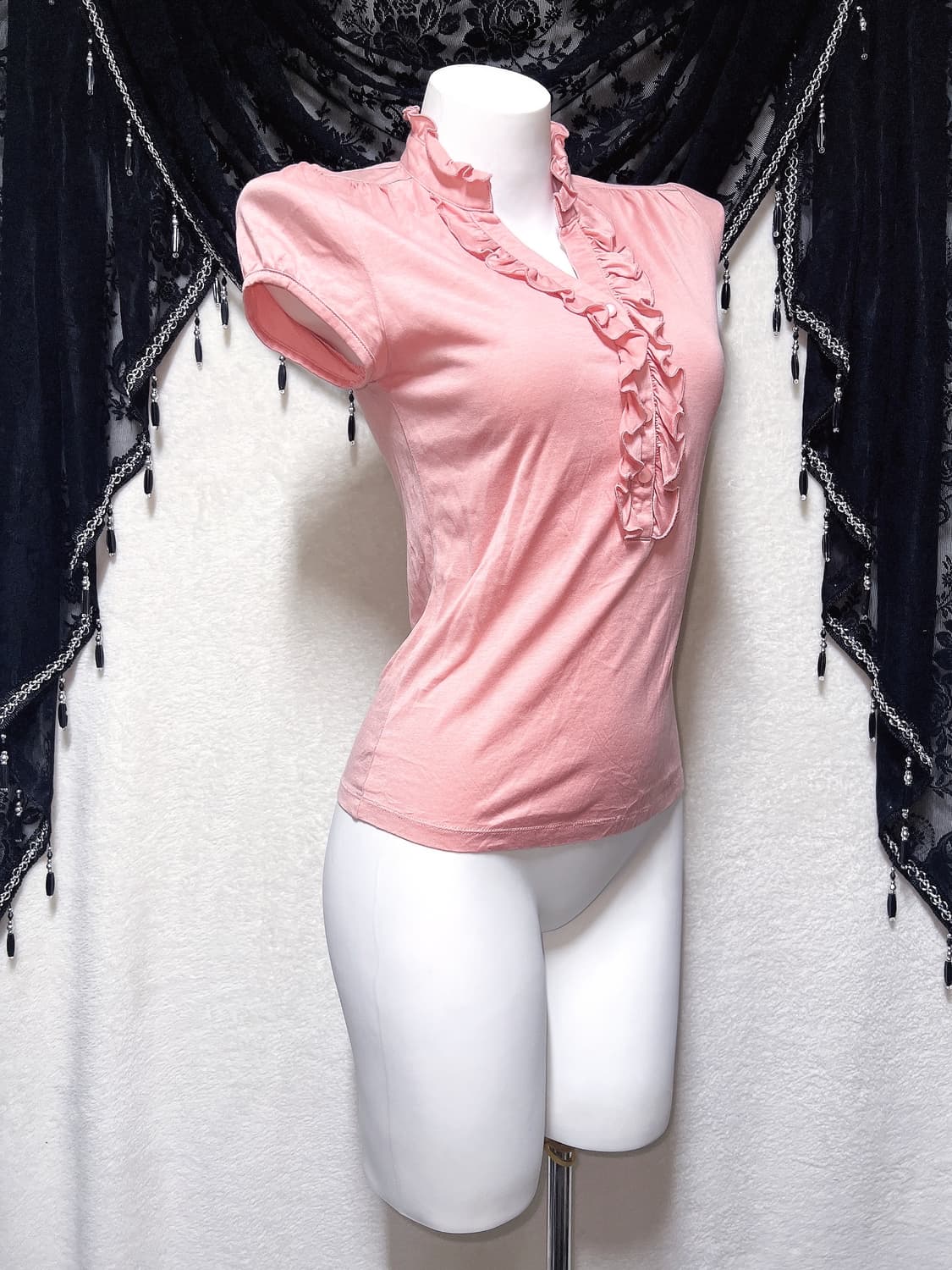 코랄핑크 프릴 반팔 블라우스 로걀탑 로맨틱갸루 히메 러블리 너드 모리 상품이미지2