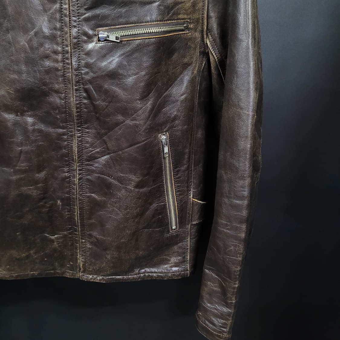 On board 빈티지 브라운 페이디드 레더 싱글 라이더 자켓 상품이미지3