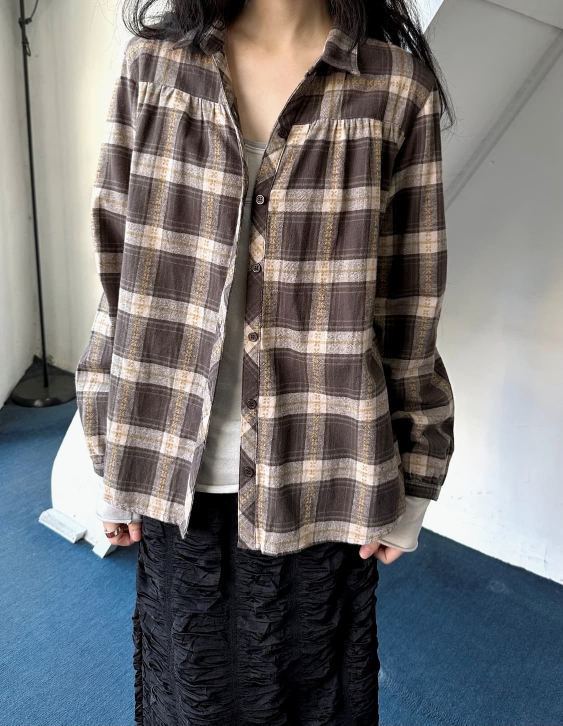 Cotton shirring design nel check blouse  상품이미지6