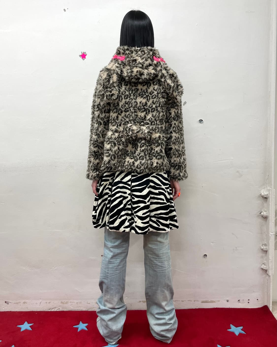 leopard fur rabbit ribbon zip-up hood  상품이미지3