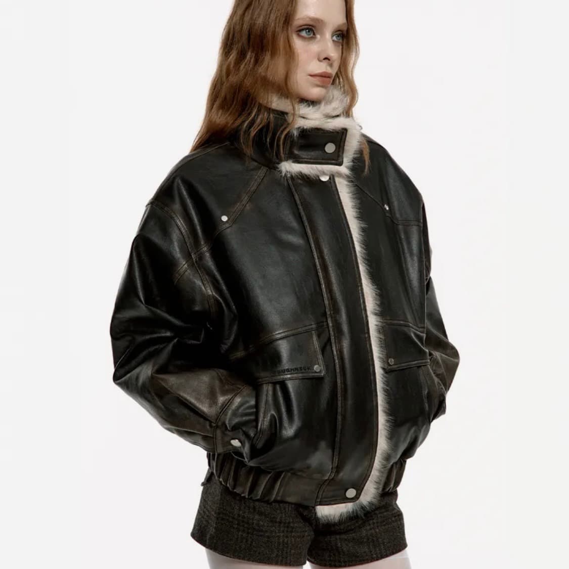 러프넥 워싱 레더 무스탕 자켓 s사이즈 상품이미지2