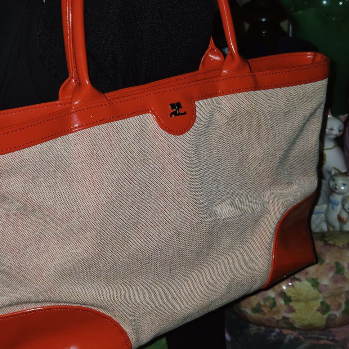 90s 프랑스 꾸레쥬 레드 에나멜 자카드 토트백 상품이미지7