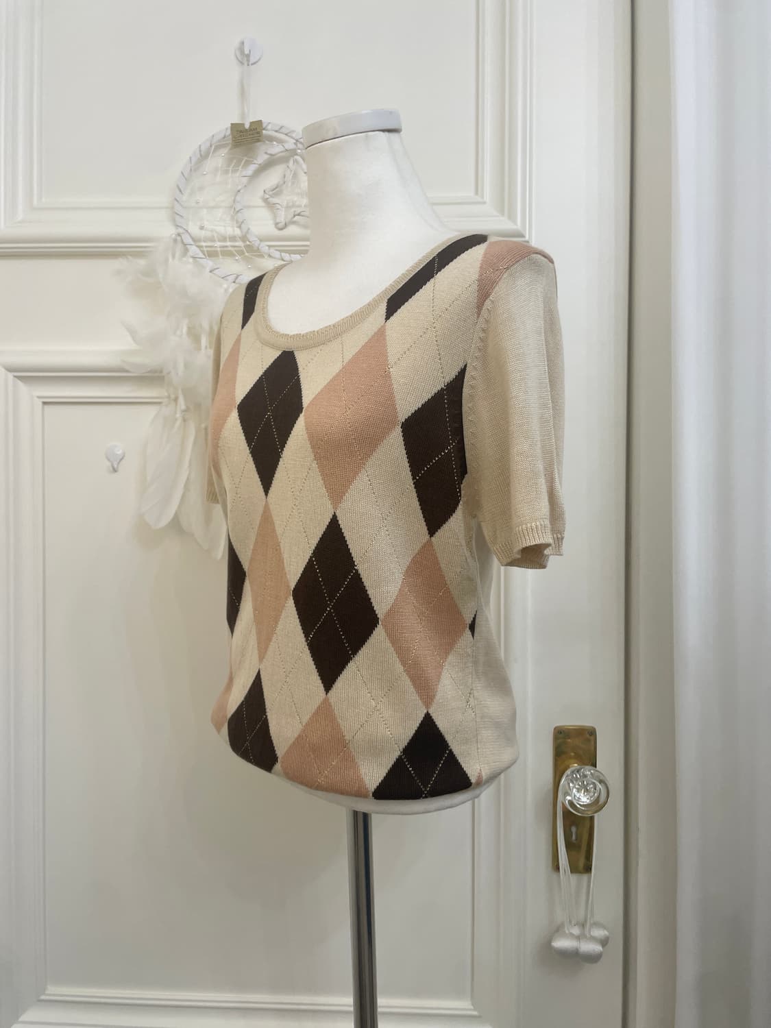beige brown argyle gold glitter knit top 상품이미지2