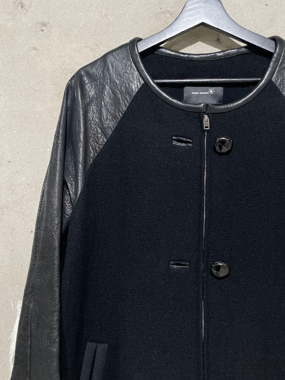 이자벨 마랑 블랙 배색 슬리브 레더 울 집업 자켓  상품이미지2