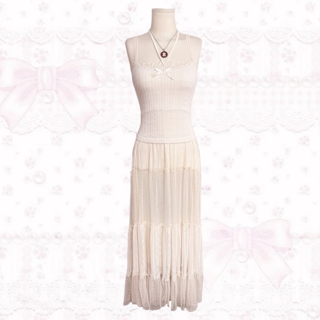 빈티지 크루 생화이트 페어리 시스루 4단 포인트 레이스 디테일 코디세트  상품이미지2