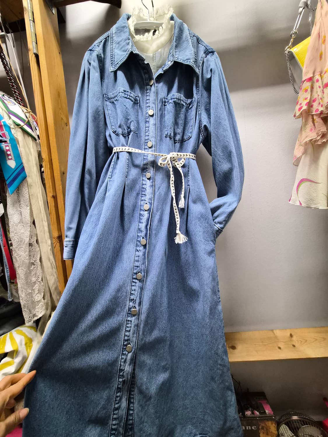 랩 벌룬 데님 롱 원피스 상품이미지2