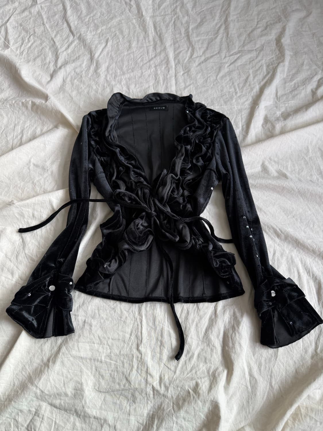 고스로리 오리엔탈 블랙 벨벳 프릴 가디건 상품이미지1
