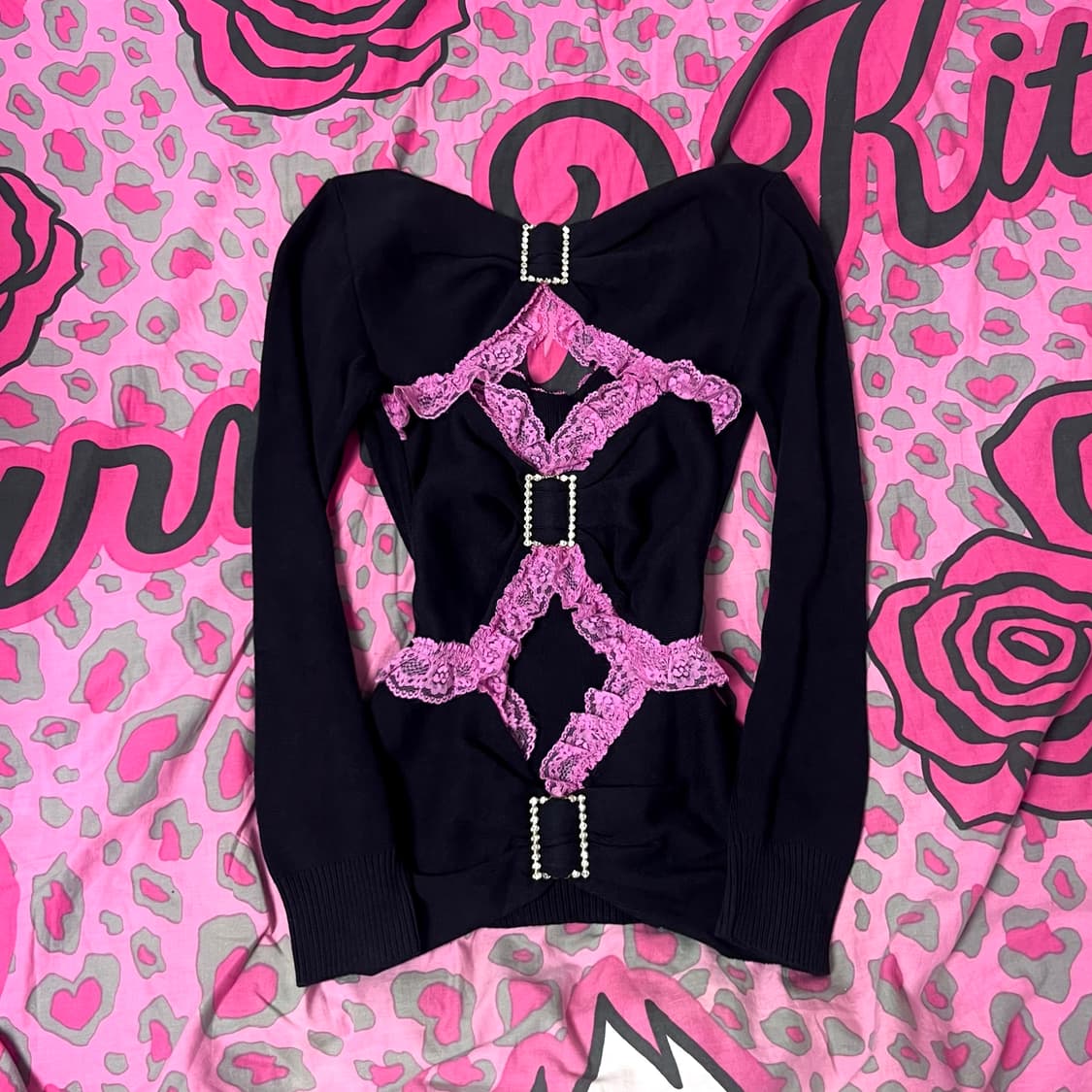 MA*RS마즈 아게하 블랙핑크 프릴레이스 리본 탑 히메 오네갸루 핀터대장 상품이미지1