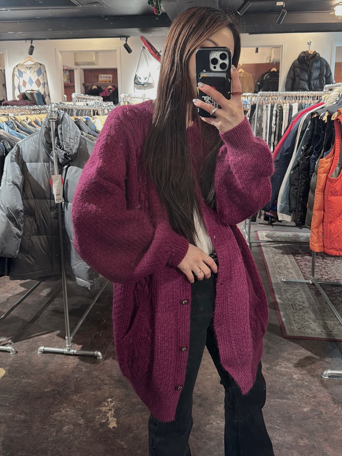 빈티지 버건디 케이블 꽈배기 울 니트 롱 가디건 상품이미지7