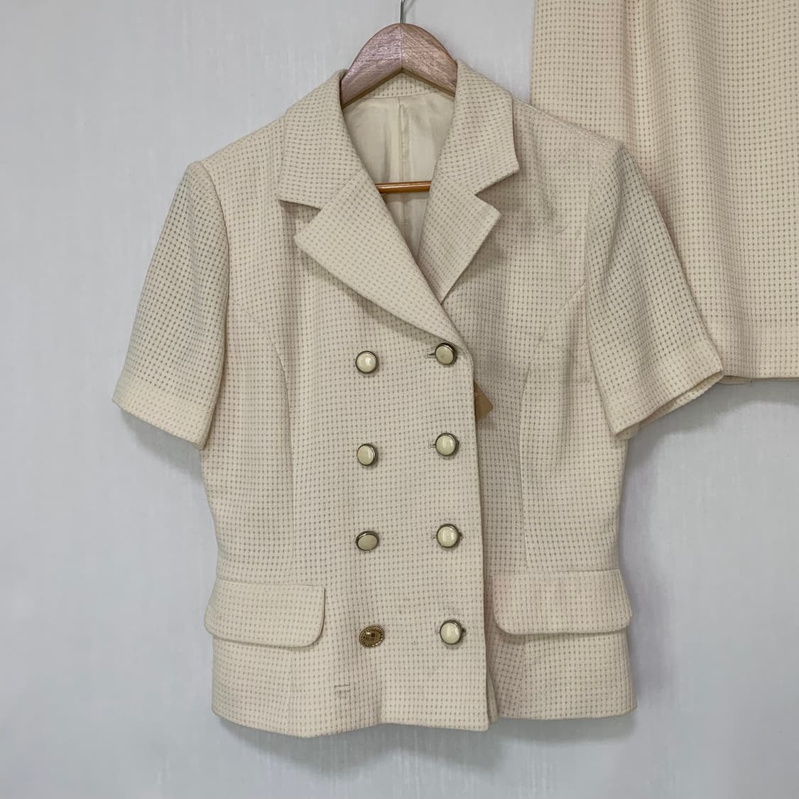 꾸레쥬 빈티지 트위드 셋업 더블브레스티드 반팔자켓 미디스커트 아이보리 상품이미지3
