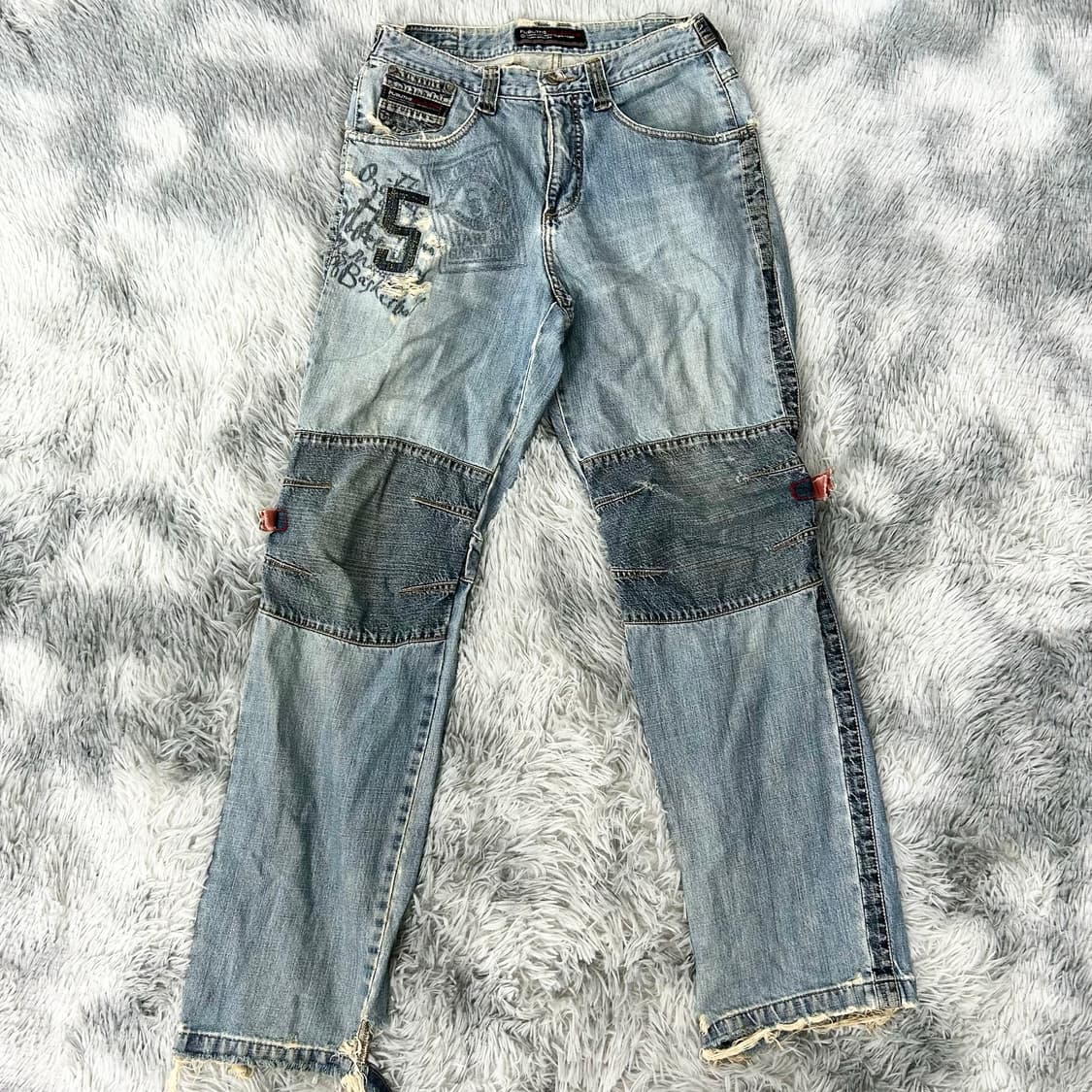 후부 그런지 디테일 더블니 와이드 데님 팬츠 상품이미지5