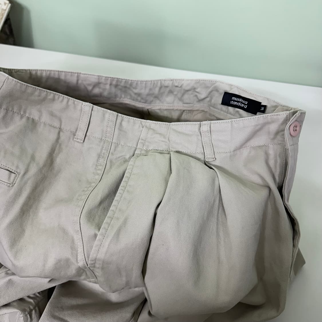 XL 34 무신사스탠다드 라이트베이지 하이웨스트 투턱 와이드 코튼팬츠 상품이미지2