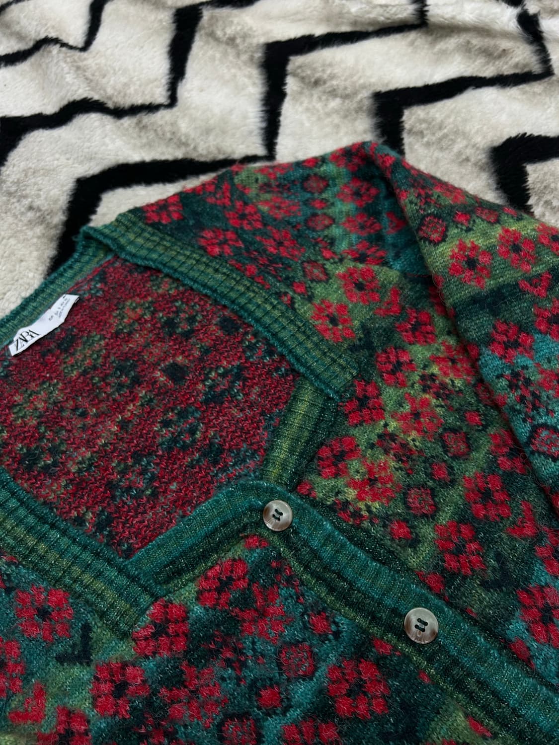 [M]ZARA 스퀘어넥 크롭 자카드 플라워 패턴 니트 가디건 상품이미지1