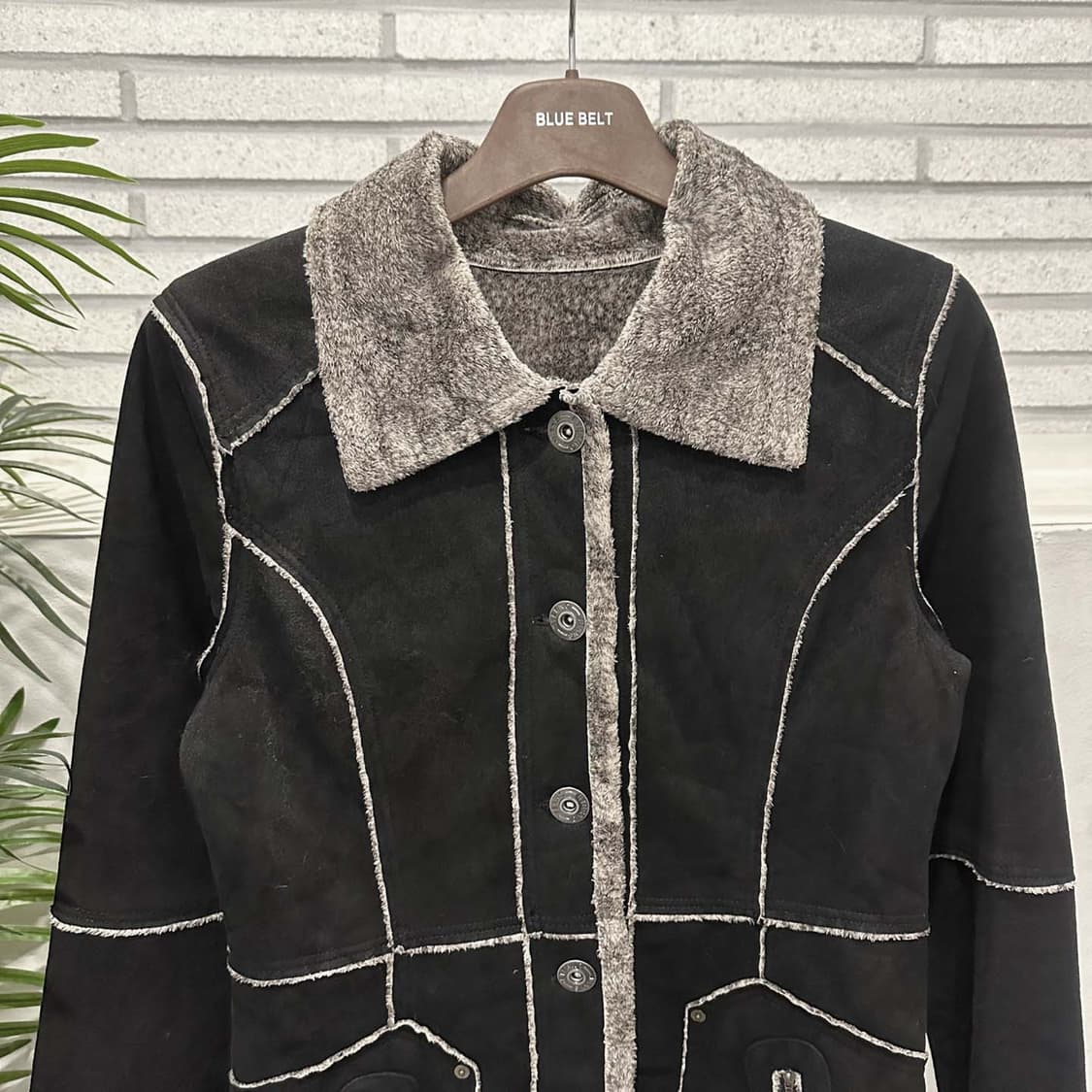 JPN VINTAGE 무스탕 롱 코트 카라넥 파이핑 투포켓 디테일 블랙 상품이미지4