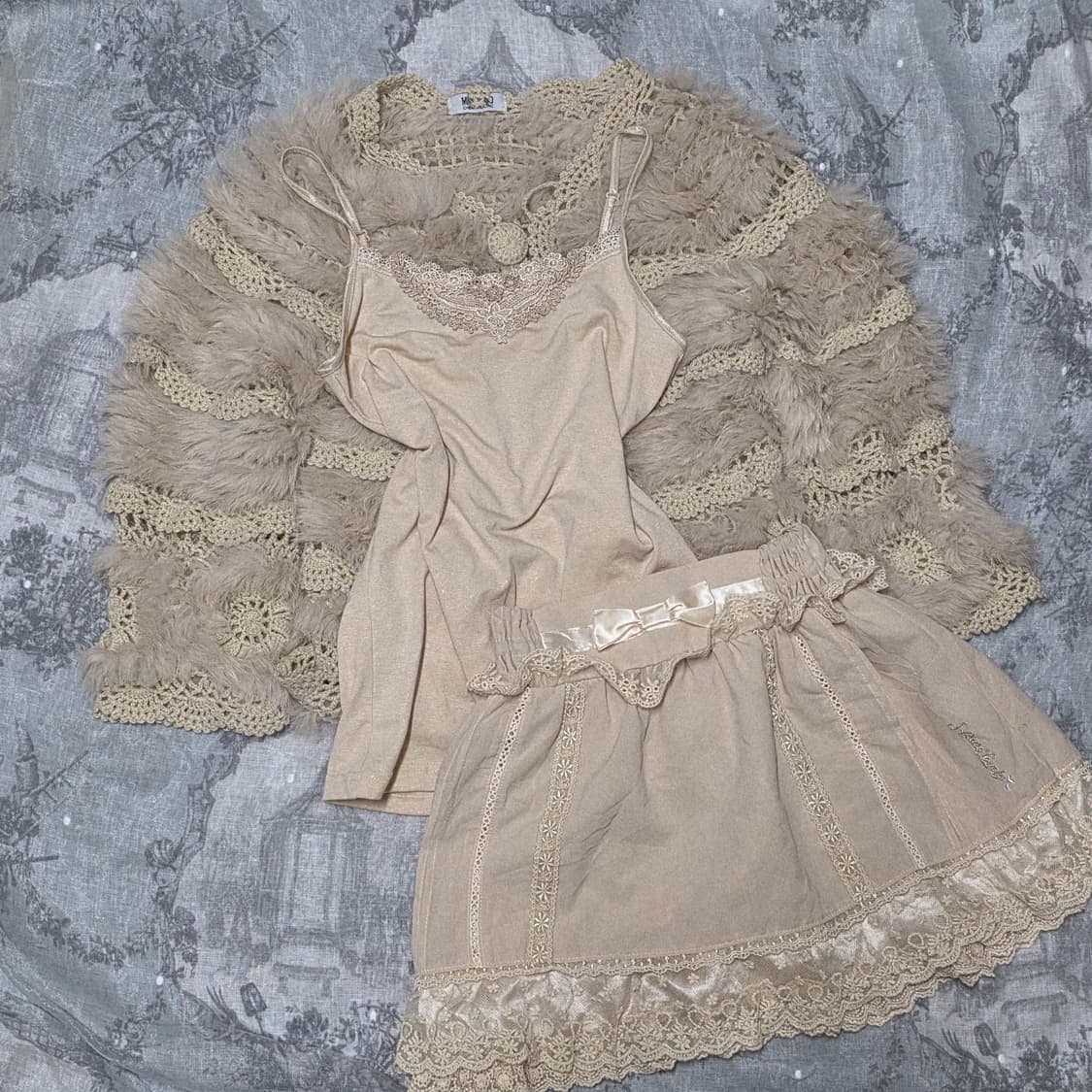 빈티지 페어리 그런지 퍼 자켓 케이프 나시 스커트 세트 상품이미지1