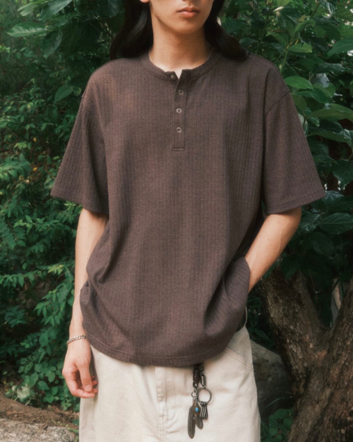 빅유니온 헨리넥 스트라이프 반팔 니트 갈색 브라운 차콜 S 웨스턴 오버핏 상품이미지2