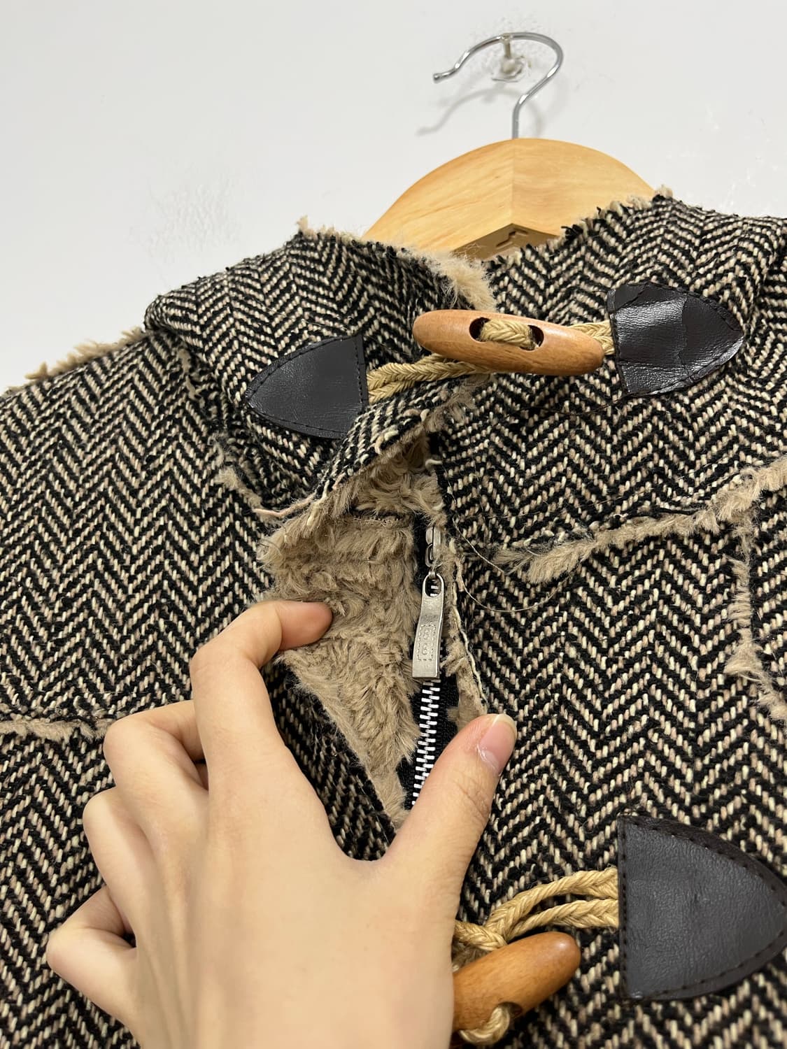 일본 빈티지 헤링본 털후드 떡볶이 코트 상품이미지5