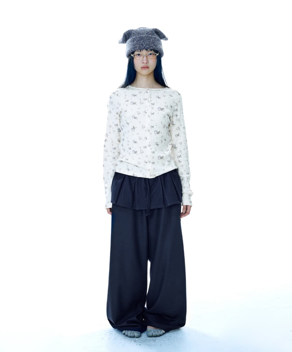 코이세이오 플리츠 오버 울 팬츠 스커트 네이비 상품이미지1