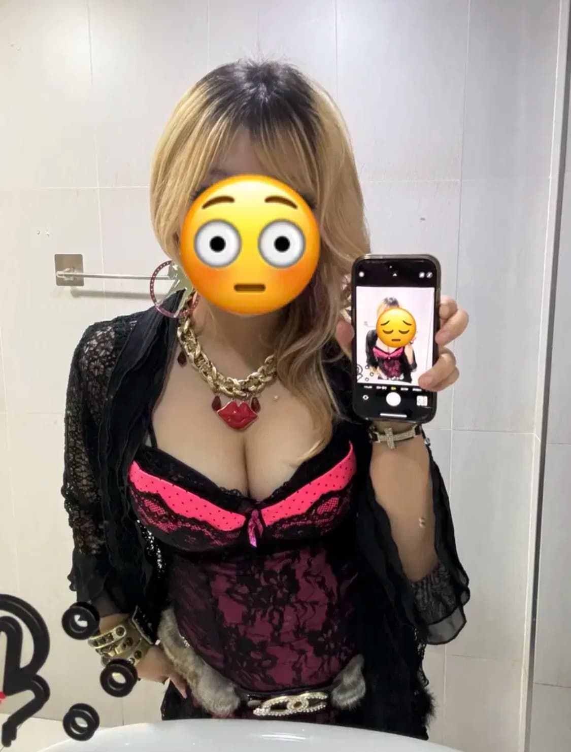 오네갸루 핫핑크 슬립 나시 레이스 블랙 캡 히메갸루 상품이미지2