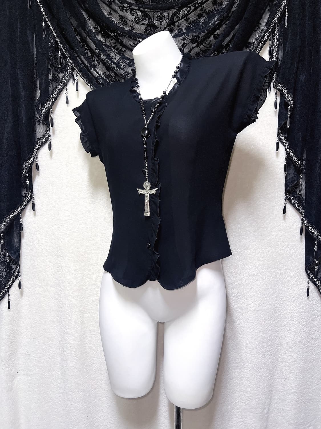 로맨틱고딕 고스로리 블랙 프릴 쉬폰 블라우스 로걀탑 공겜여주 갸루 핀터 상품이미지3