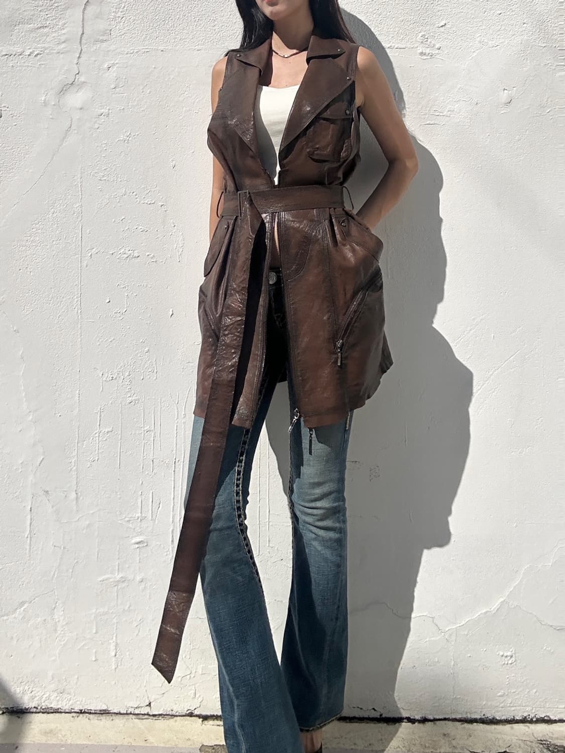 Sheep skin strap vest / brown 상품이미지5