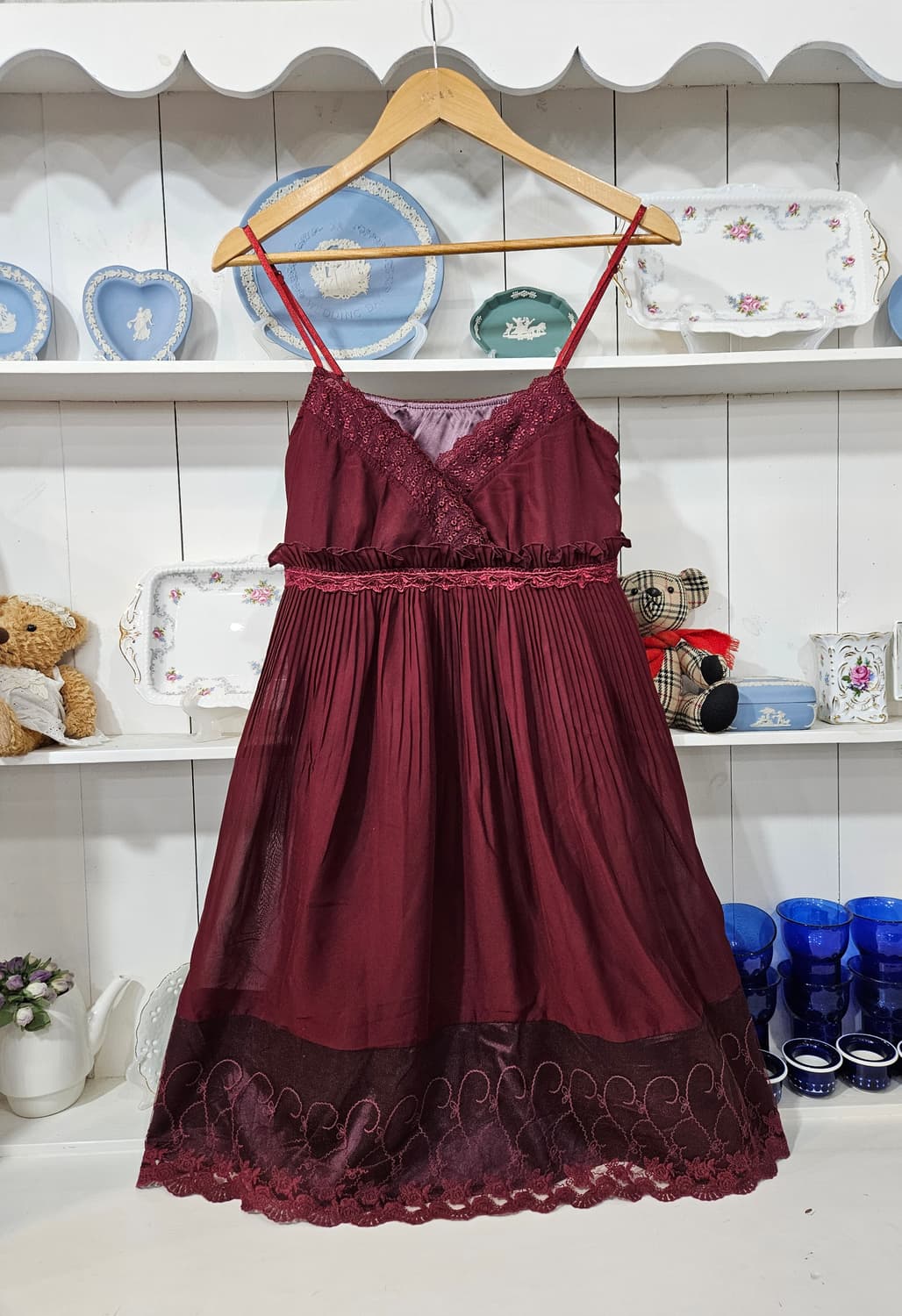 (axes femme) 버건디 레이스 쉬폰 슬리브리스 원피스 상품이미지1