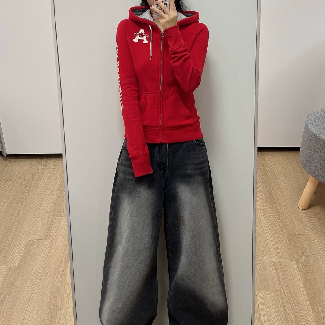 아베크롬비 딱붙핏 자수로고 레드 후드집업 상품이미지1