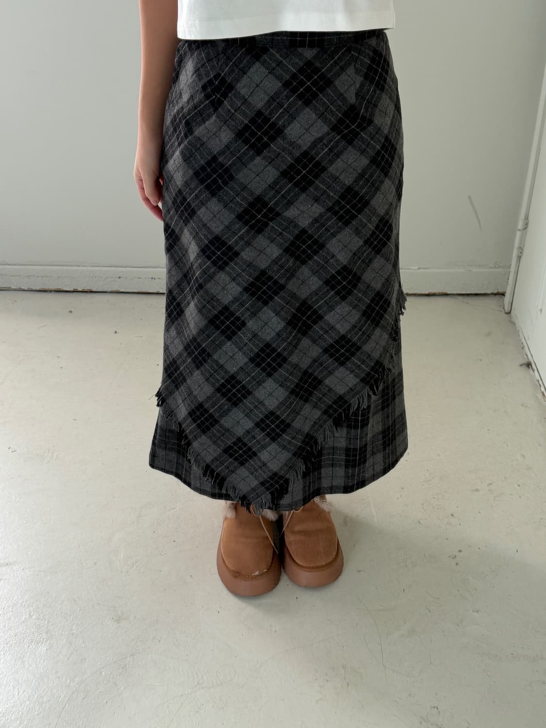 일본빈티지 울 타탄체크 프린지 롱스커트 상품이미지1