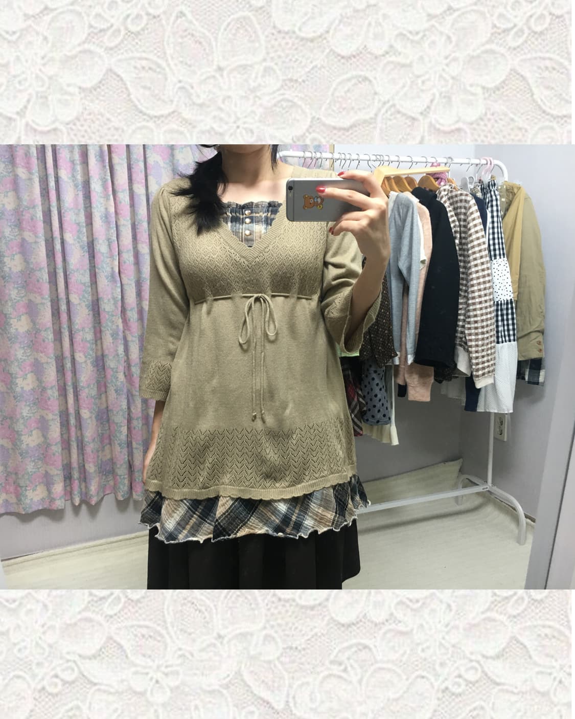 베이지 체크 레이어드 니트 상품이미지1