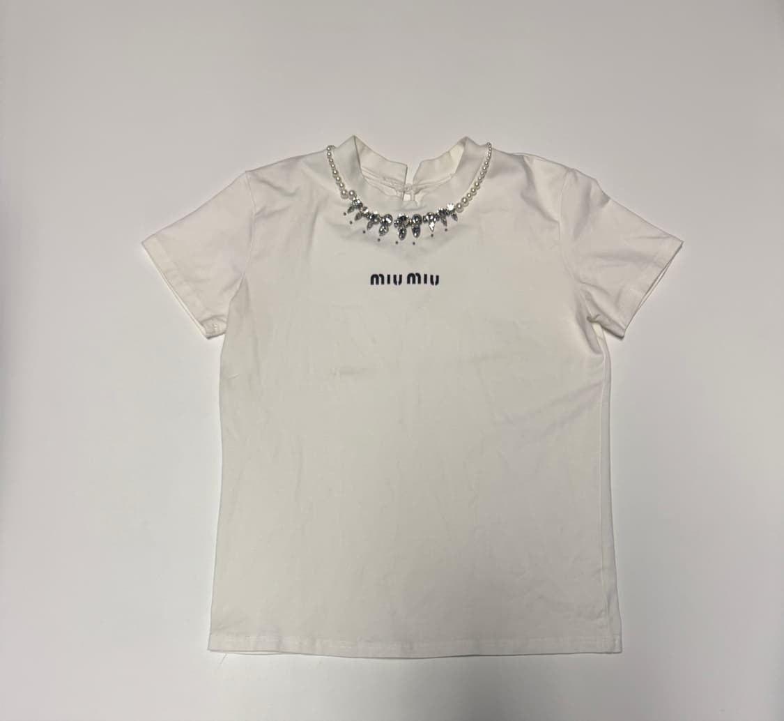 여성 미우미우 빈티지 커스텀 진주 큐빅 반팔 티셔츠 S 상품이미지1